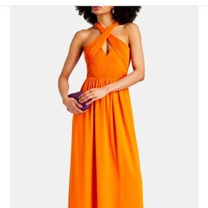 Gathered orange plissé-chiffon maxi from The OUTNET